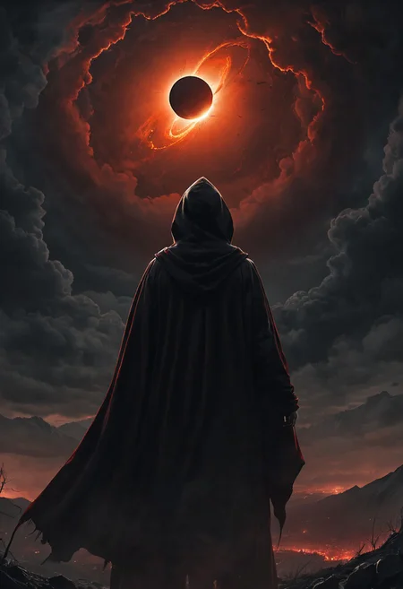 cinematic shot, digital painting, (masterpiece, best quality:1.5), apocalyptic, the sky opens into a black hole, with red lightning streaking through,
a shadowy figure stands in a black hooded cloak, shadow hands reach for him, silhouette, dramatic lighting, film grain, ominous, visually captivating, a red moon, contrasting shadows, extremely detailed, hkstyle