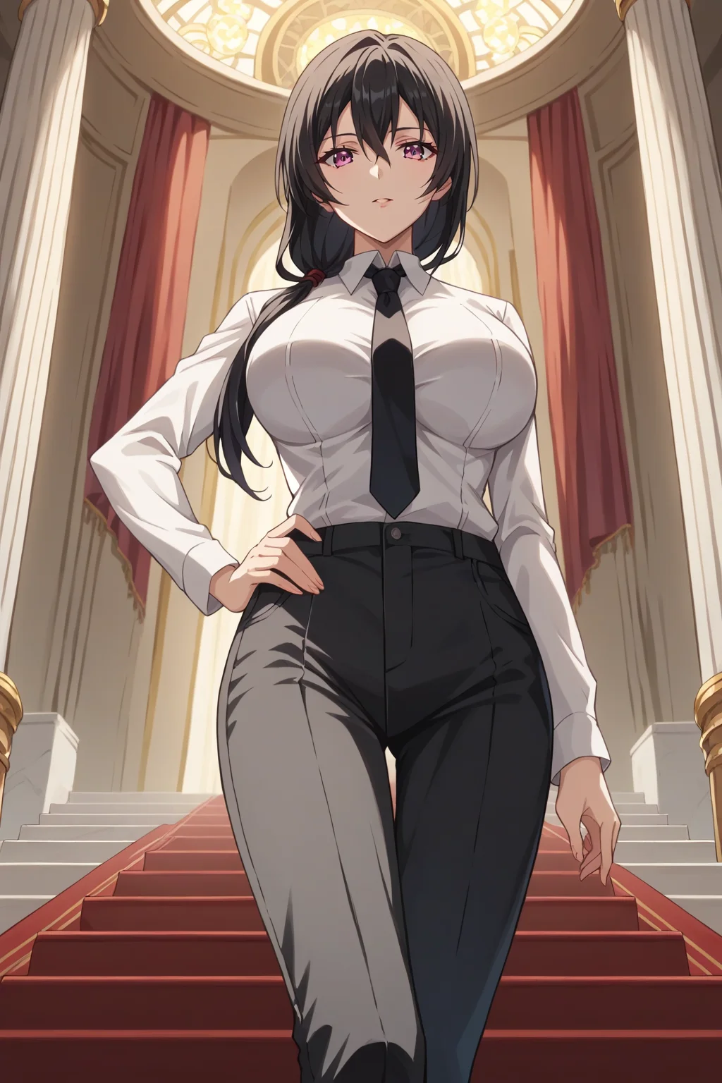 score_9, score_8_up, score_7_up, source_anime, 1girl, prefect lighting, very aesthetic, intricate details, highly detailed background, masterpiece, high quality, prefect hands, best quality, solo,
<lora:Kaori_Sakaki_RanSem_V1:.85>, KJOkaori, black hair, dark pink eyes, low ponytail, hair over shoulder, hair between eyes,
White collared shirt, black necktie, black pants, long sleeves,
standing, hand on own hip, from below, looking at viewer, upper body,
throne room, throne, red carpet, stairs, pillars, curtains,
(Beautiful, large Breasts:1.2), natural breasts,