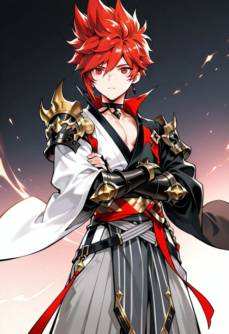 ace \(seven knights\), greatgeneral, spiked hair, red hair, red eyes, choker, two-tone clothing, grey hakama, black gauntlets, crossed arms