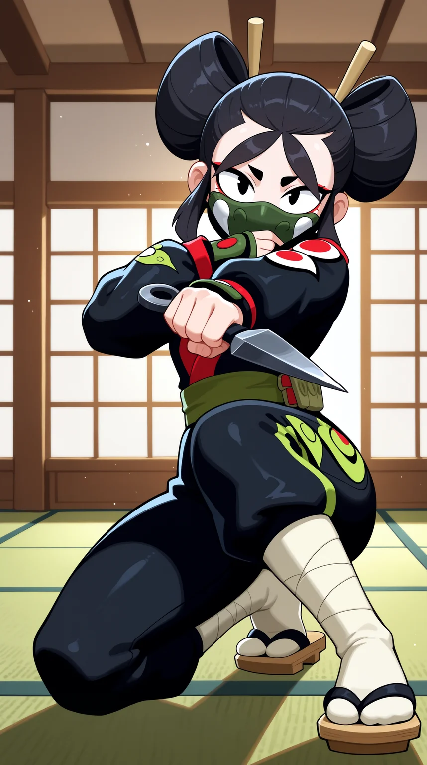 masterpiece, best quality, amazing quality, aesthetic, absurdres, best quality, 4k, upscale, indoors,1girl, kaze, solo, 1girl, black hair, (dynamic pose, foreshortening), dual wielding, weapon, black eyes, hair bun, holding, double bun, japanese clothes, kunai, ninja, holding weapon, looking at viewer, thick eyebrows, mask, sandals, makeup, eyeliner, mouth mask,, ninja <lora:Kaze_IL:0.8>