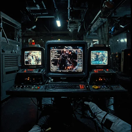 indoors,  lab, computers with  Weyland-Yutani user interface with image of xenomorphs in pirate attire and menu items, uhd  <lora:Weyland-Yutani_User_Interface_Design_-_Alien_Flux:0.6>, , First-person view, pov, arms in spacesuit