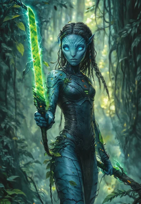 w4rh4mm3r style oil painting of a female cyborg Avatar navi alien with blue skin, wearing torn and damaged leaf and bark armor, with a cybernetic arm, holding plasma sword, green plasma sword, burning forest of huge trees in the background, long electrical wires braided hair