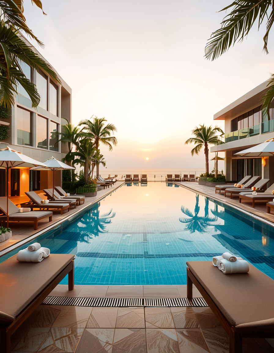 A luxurious hotel swimming pool at sunset, surrounded by elegant lounge chairs and palm trees. The crystal-clear water reflects the warm hues of the sky, creating a serene and inviting atmosphere. The pool has an infinity edge overlooking a breathtaking ocean view, with soft ambient lighting enhancing the tranquil mood. The surrounding area is immaculately maintained, with neatly arranged sunbeds, stylish umbrellas, and a sleek modern poolside bar in the background. The scene is captured in ultra-high resolution, with photorealistic details emphasizing the shimmering water, the textures of the pool tiles, and the gentle movement of palm leaves in the evening breeze.
<lora:SDXLFaeTastic2400:0.4> <lora:extremely_detailed:0.4> extremely detailed, <lora:hotel_sw1mm1ng_p00l:1>,hotel sw1mm1ng p00l, Masterpiece,best quality,hi res,8k,hi res,8k,award winning,(sharp focus, intricate, highly detailed),