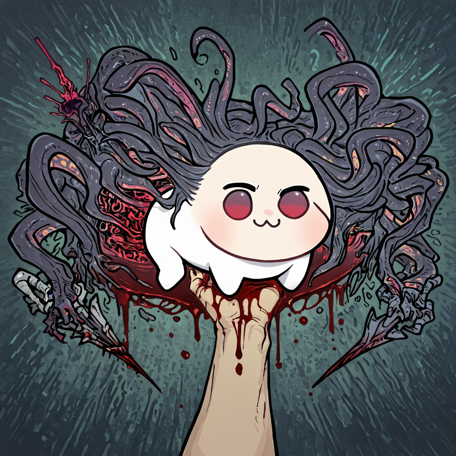 masterpiece, best quality, amazing quality, very aesthetic, absurdres, newest,
abstract background, detailed background,
<lora:junwei_vivi_style_illustr_16dim-000010:1> junw31_v1v1, eldritch abomination, 1other, 
blood, tentacles, impaling limb, tentacles impaling hand, dripping blood, 
pov hands, 
 <lora:doro_xypher_ixl_v1:1> doro, :3, chibi, no pupils, solid circle eyes, full body, white skin, all fours