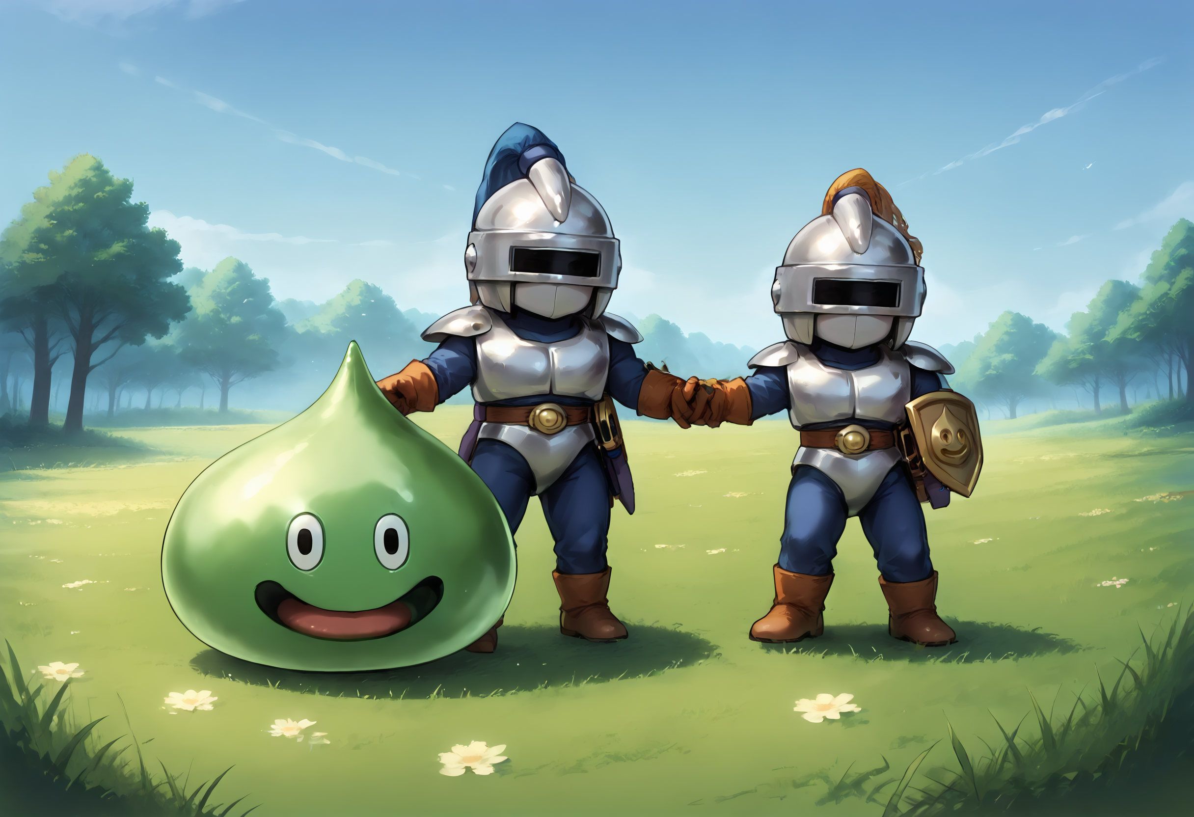 score_9,score_8_up,score_7_up,best quality,masterpiece,super detailed,full_body,zPDXL BREAK nature,field,2others,
<lora:Pony_DetailV2.0:1> BREAK slime knight,slime_(dragon_quest),armor,helmet,knight,<lora:slime knight-v3-pony:0.7>,^o^,looking_each_other,
