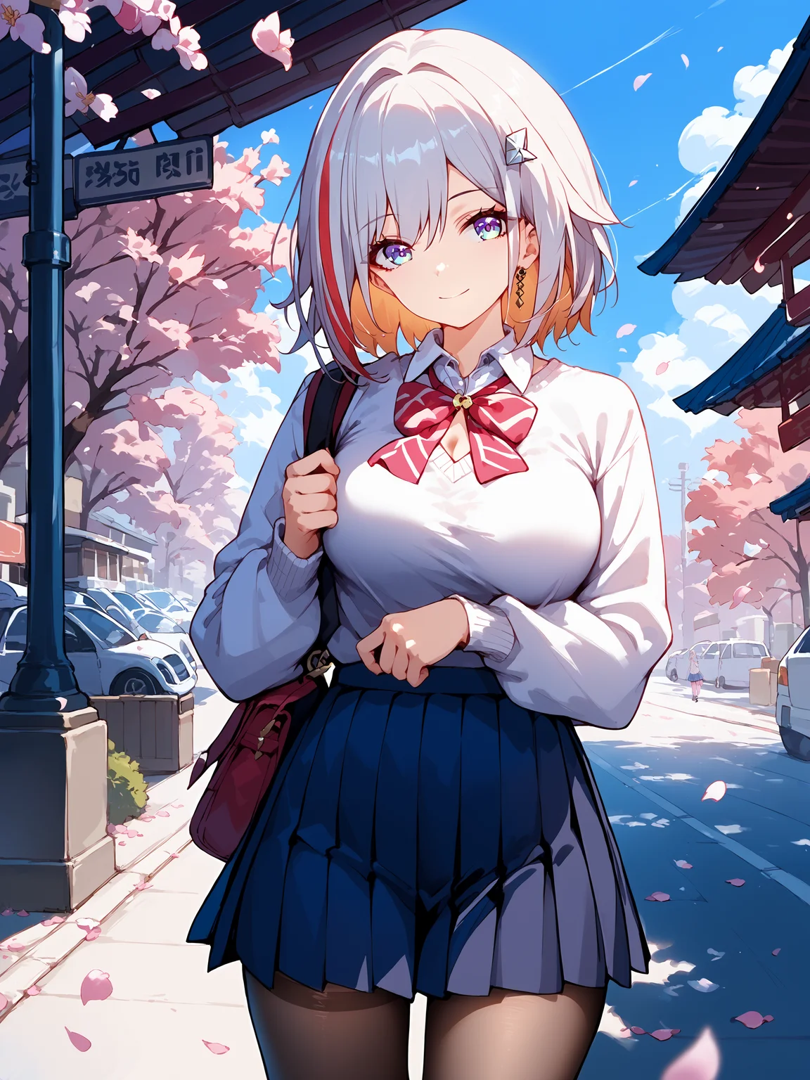 score_9, score_8_up, score_7_up, source_anime, 1girl, topaz \(honkai: star rail\), solo, school uniform, white shirt, sweater, pleated skirt, pantyhose, light smile, looking at viewer, outdoors, street, cherry blossoms, petals, depth of field <lora:Char-HonkaiSR-Topaz-Pony-V1:1> <lora:Style-Expressive_H-pony:1>
