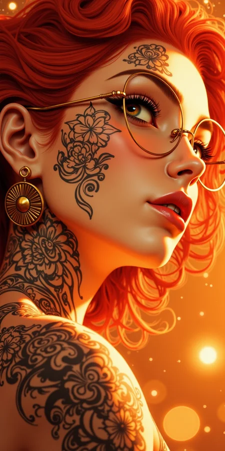 a highly detailed digital illustration in a hyper-realistic style, showcasing a close-up portrait of a young woman with striking features, she has vibrant, voluminous red hair that cascades around her face, and her skin is adorned with intricate, black and white tattoos that cover her face and neck, including floral and geometric designs, her eyes are heavily lined with thick, dark eyelashes, and she wears round, metallic glasses that add a touch of sophistication, her lips are full and slightly parted, giving a sultry expression, the background is a gradient of warm, orange hues, with bokeh lights that create a dreamy, ethereal atmosphere, the lighting is soft and warm, enhancing the texture of her skin and tattoos, the overall composition is dynamic, with the woman's face and hair blending seamlessly into the background, creating a sense of depth and movement, the illustration is rich in detail, with a focus on texture and depth, making it a captivating and immersive piece of art