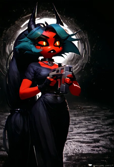 (score_9, score_8_up, score_7_up), PRSNL_3_1, HCSV1, illustration, ((cartoon)), hand drawn, ((masterpiece)), (furry art, uploaded on e621, 4k, fine details, (subtle soft details), (female), ((imp)), gloves, demon girl, (red skin mottled with white spots), imp tail, black pupils, black sclera, ((black ram horns)), short stature, 1girl, (((very long light teal hair tied into a ponytail:1.4))), dark teal highlights, ((purple slave collar)), black puffy lips, black eyeliner, ((detailed orange eyes)), ((dynamic pose)), plump, cute, beautiful, ((black sclera:1.4)), orange iris, Detailed hand, medium breasts, cleavage, curvy, pink fingerless gloves, large iris, hooves, fur on ankles around hooves, medium bulge, solo, (((holding a rifle with both hands, m41apls))), Helldivers, in a futuristic, armored suit. The armor is predominantly dark gray with pink accents at the shoulder plates, knee pads, and boot heels, It's a sleek design with segmented plates suggesting both flexibility and protection, (cyberpunk city outskirts, cable, standing, scales, road, outcasts, black background, walking, car, horizon, decay, dystopian, cinematic lighting, vivid colors, futuristic chestplate, loincloth, covered navel,