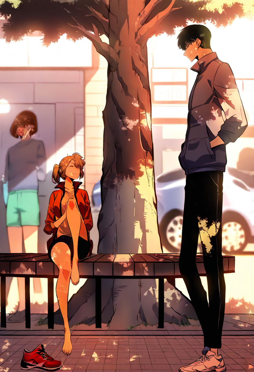 8K, depth of field, focused subject, best quality, <lora:solo_leveling_by_readandsign_fin-000014:1>, 
rf64u, 1girl, smile, short hair, blonde hair, brown hair, shirt, black hair, long sleeves, 1boy, sitting, standing, jacket, closed eyes, ponytail, hetero, outdoors, shoes,shorts, barefoot, pants, looking at another, tree, bare legs, leaf, black shorts, black pants, sunlight, ground vehicle, sneakers, motor vehicle, red jacket, knee up, hand in pocket, hands in pockets, car, bench, shade, shoes removed, dappled sunlight, tree shade