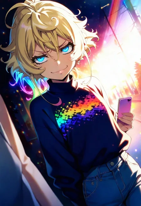 Tanya Degurechaff, masterpiece, best quality, amazing quality, very aesthetic, absurdres, anime screencap, 1 girl, backlighting, Tanya Degurechaff from 'The Saga of Tanya the Evil', stylish urban casual: jeans, vibrant printed sweater, short blonde hair, striking blue magical glowing eyes, doll face, confident face with a slight smirk. Playful and sarcastic mood. She stands at a street café with her phone in hand, observing the surroundings. Everyday atmosphere, modern urban landscape. Dutch angle, soft light, vibrant colors, multicolored rainbow light, focus on face, lots of soft light and colorful particles, colorful, masterpiece, best quality, amazing quality, very aesthetic, absurdres, newest, soft light, masterpiece, best quality, colorful, bright, multicolored, bright colors of paint, masterpiece, best quality, amazing quality, very aesthetic, absurdres, lots of multicolored rainbow light, focus on the face, lots of soft light, soft colors,