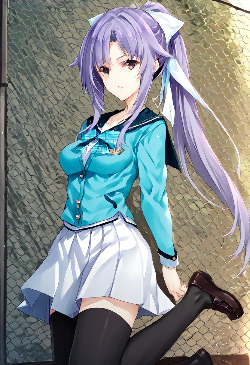 score_9, score_8_up, score_7_up, score_6_up, score_5_up, score_4_up, source_anime, 1girl, solo, 
hime, purple hair, brown eyes, seihuku, light blue uniform, light blue ribbon, white skirt, black_thighhighs, loafers, 
masterpiece, best quality, very aesthetic, absurdres,