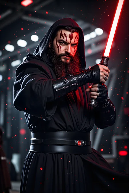 A hyper-realistic, photorealistic photo image of A man with big beard and longer hair in sithoutfit with red lightsaber with evil smile attacking a robot in a space base. (photography, high-resolution, dynamic, energetic,hyper-realistic, dramatic lighting, shallow depth of field.), detailmaximizer, MythP0rt<lora:midjourney_whisper_flux_lora_v01:0.55><lora:aidmaMJ6.1-FLUX-V0.1:0.4><lora:FluxMythP0rtr4itStyle:0.4><lora:detailed_flux_ntc:2.2><lora:aidmaImageUpgrader-FLUX-V0.1:0.65><lora:SITH_FLUX:1.1>
