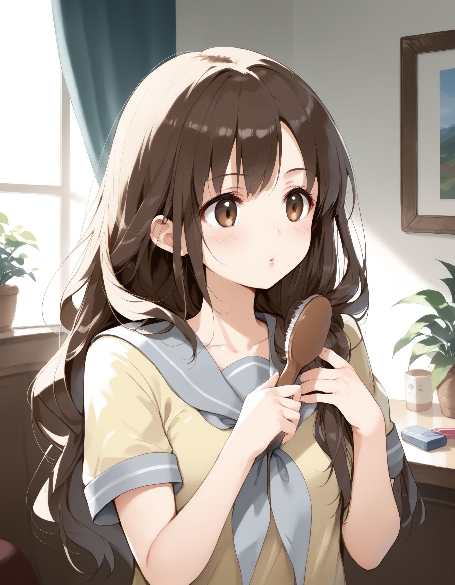 score_9, score_8_up, score_7_up, score_6_up, BREAK source_anime, best quality, masterpiece
1girl,brown eyes,<lora:lass bwPonyXL:0.8>,lass bw,grey sailor collar,grey neckerchief,yellow serafuku,upper body,<lora:brushinghair_Pony_v1:0.8>,(brushing hair,hair,hair brushing,hair brush,holding hair:1.2),hair over shoulder,indoors,