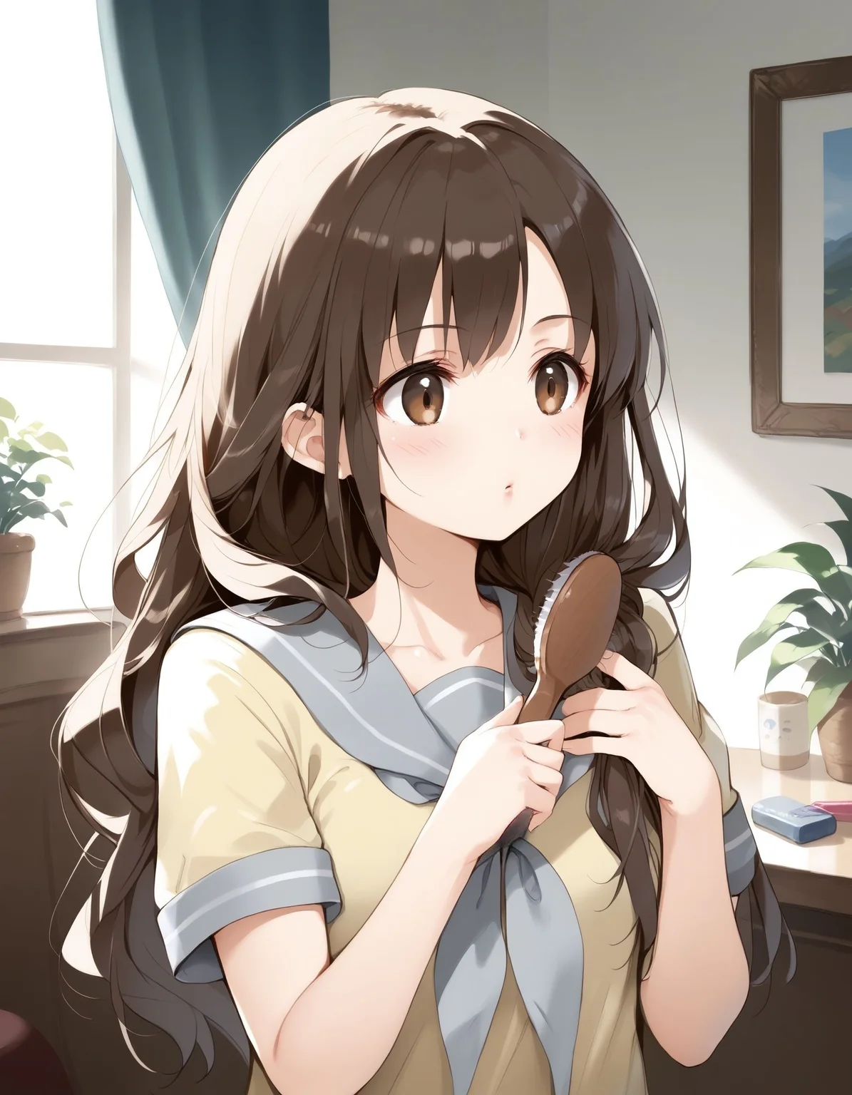 score_9, score_8_up, score_7_up, score_6_up, BREAK source_anime, best quality, masterpiece
1girl,brown eyes,<lora:lass bwPonyXL:0.8>,lass bw,grey sailor collar,grey neckerchief,yellow serafuku,upper body,<lora:brushinghair_Pony_v1:0.8>,(brushing hair,hair,hair brushing,hair brush,holding hair:1.2),hair over shoulder,indoors,