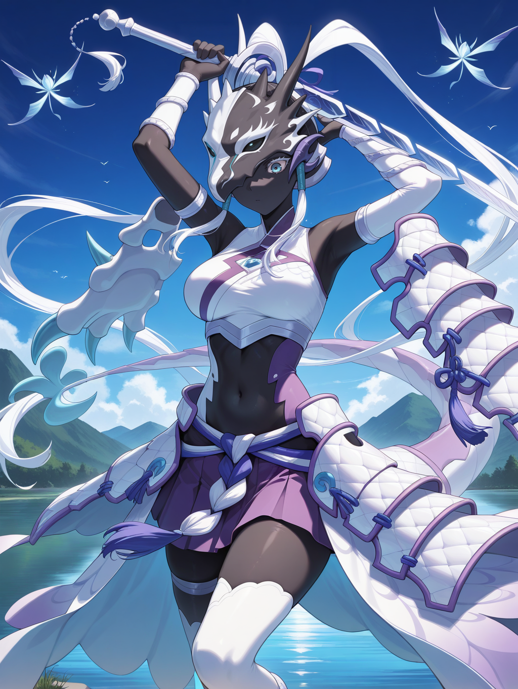 dragon girl,swordsoul of mo ye,1girl,solo,sword,holding sword,fcovered navel,armpits,covered face,dragon headwear,zentai,asymmetrical detached sleeves,asymmetrical legwear,white armored skirt,purple skirt,black bodysuit,asymmetrical floating shoulder armor,cyan hair tubes,blue hair ribbon,white crop top,white thighlet,cyan fairy,white eyelashes,lake,
masterpiece,best quality,amazing quality,very aesthetic,absurdres,newest,<lora:Swordsoul of Mo Ye illuXL v1.2:0.75>,