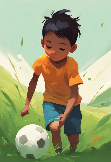 small boy playing with a ball on a green field, happy, dynamic, in a minimalistic style, colorful, by Atey Ghailan, by Pascale Campion, by Joey Chou