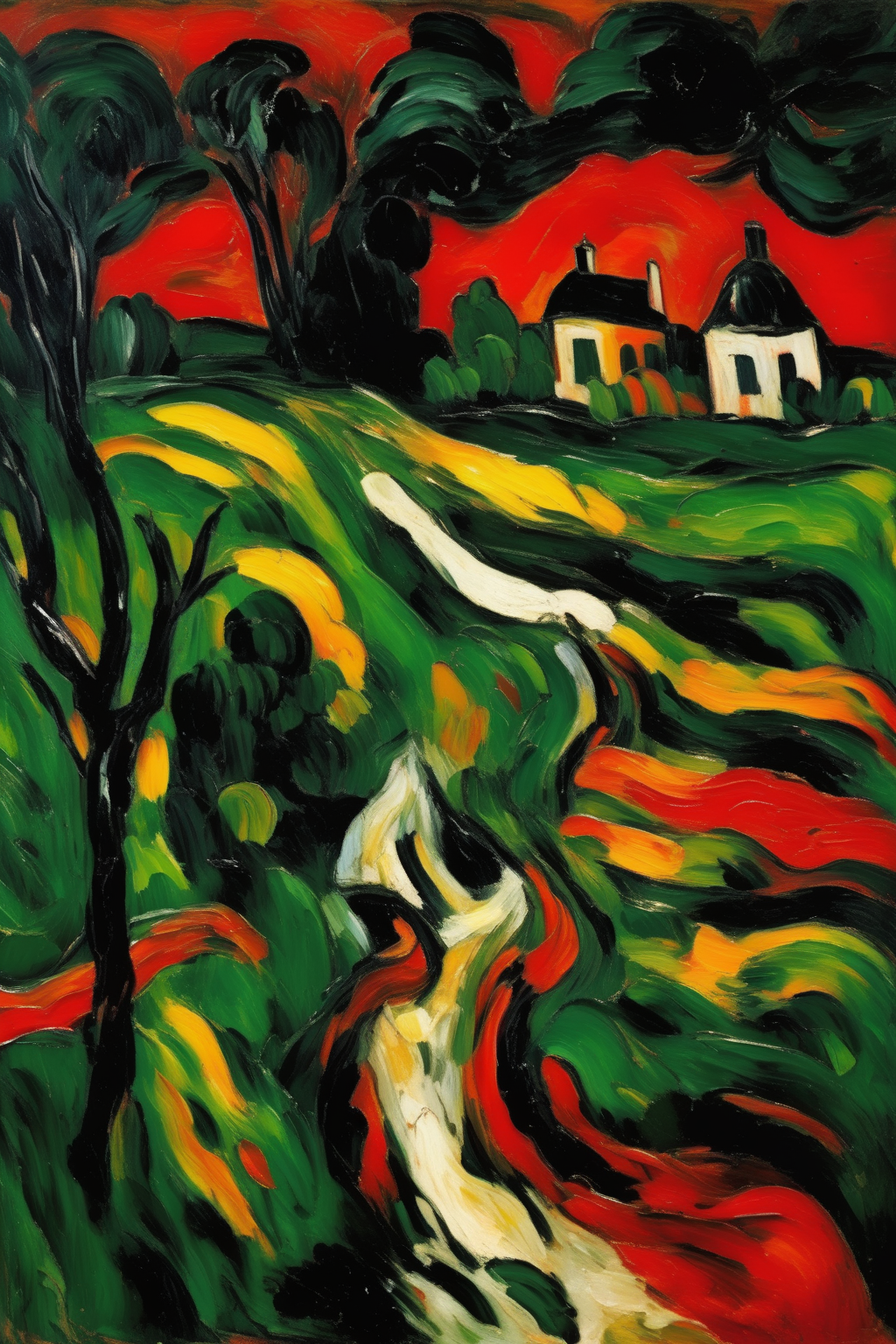 <lora:Maurice de Vlaminck Style:1>Maurice de Vlaminck Style - Painting painted by Chaim Soutine. An expressionistic depiction of a windswept landscape, rendered in frenzied, thick brushstrokes. The trees and houses seem to sway and twist, reflecting the emotional turmoil of the scene. The palette is vibrant, the reds, greens, and yellows pulsating with energy.
