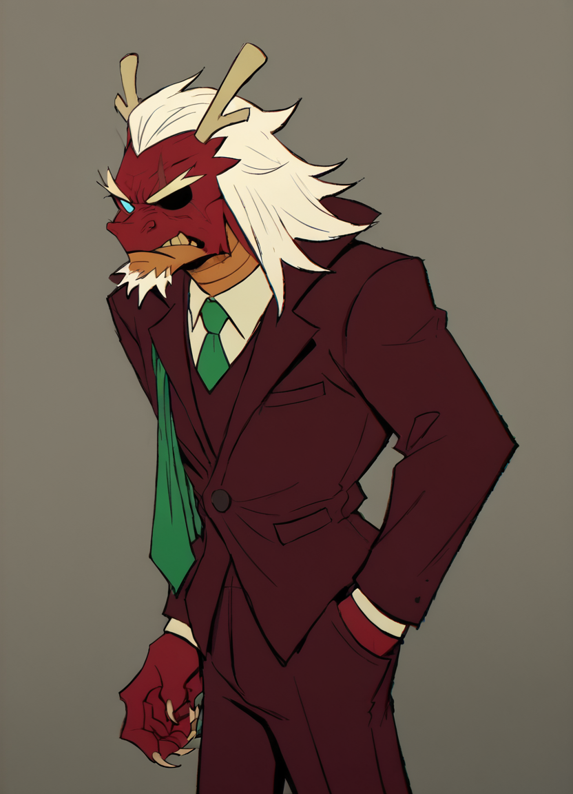 <lora:BruceTMNTpony1.0:0.8> bruce, male focus, antlers, eastern dragon, eyepatch, 1boy, solo, white hair, facial hair, red skin, beard,claws,  formal, red suit, blue eyes, green necktie, score_9, score_8_up, score_7_up, score_6_up, score_5_up, score_4_up frown, scar, cowboy shot,pants,hand in pocket, fang, sharp teeth, profile,