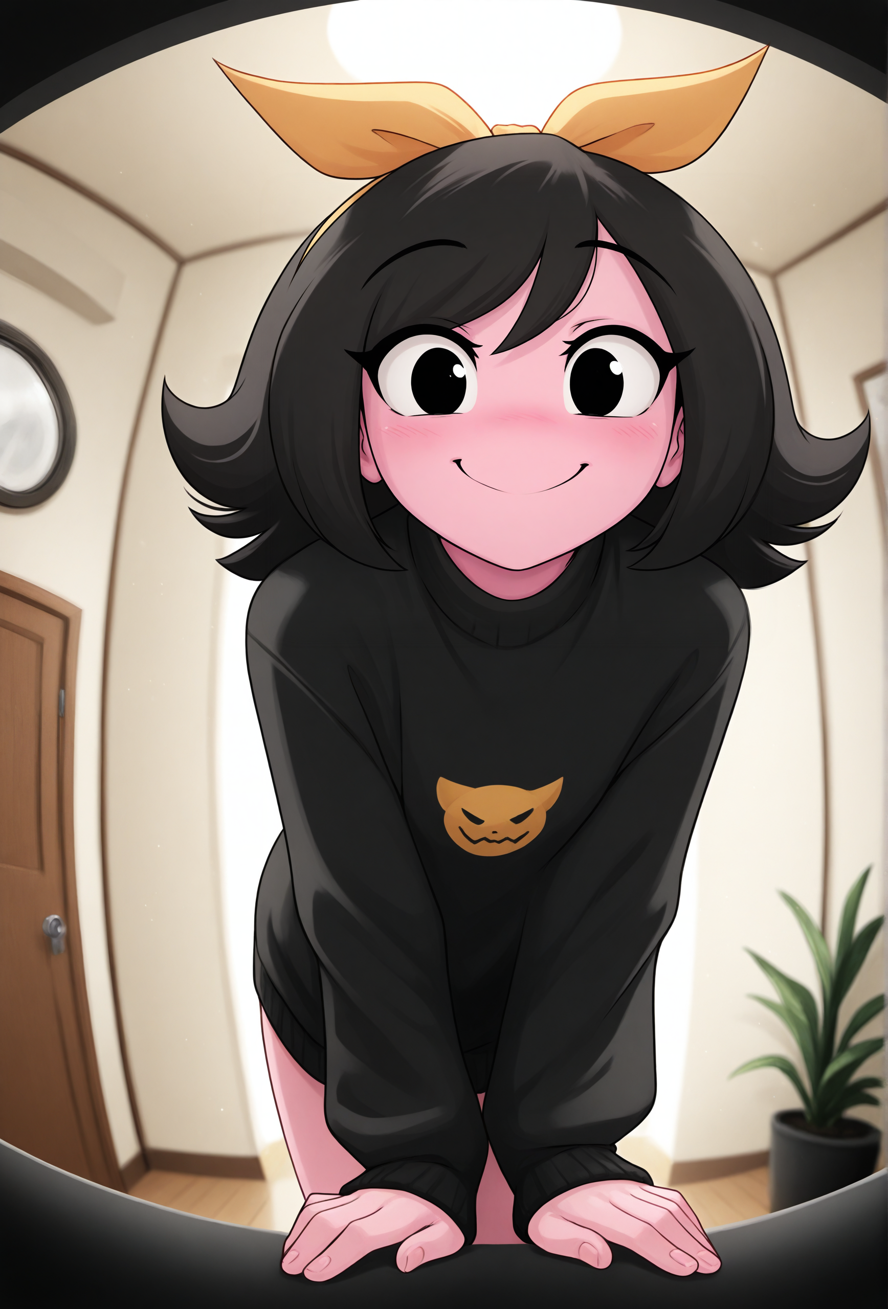masterpiece,best quality,amazing quality, <lora:marigold_cabronpr_noob_v1.1f:0.75> marigold, 1girl, solo, hairbow, no nose, black eyes, looking at viewer, smile BREAK
depth of field, detailed background, fisheye, hallway, backlighting, black sweater, pov peephole, leaning forward, plant <lora:tom_fischbach_style_illustrious_v1.6f:1> tomfb