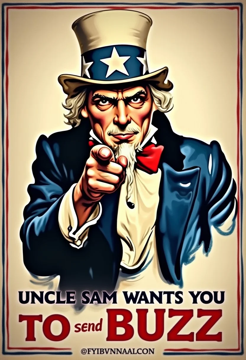 Uncle Sam War Poster, Uncle Sam pointing at viewer, Poster in American red white blue theme says "Uncle Sam wants you to send Buzz"