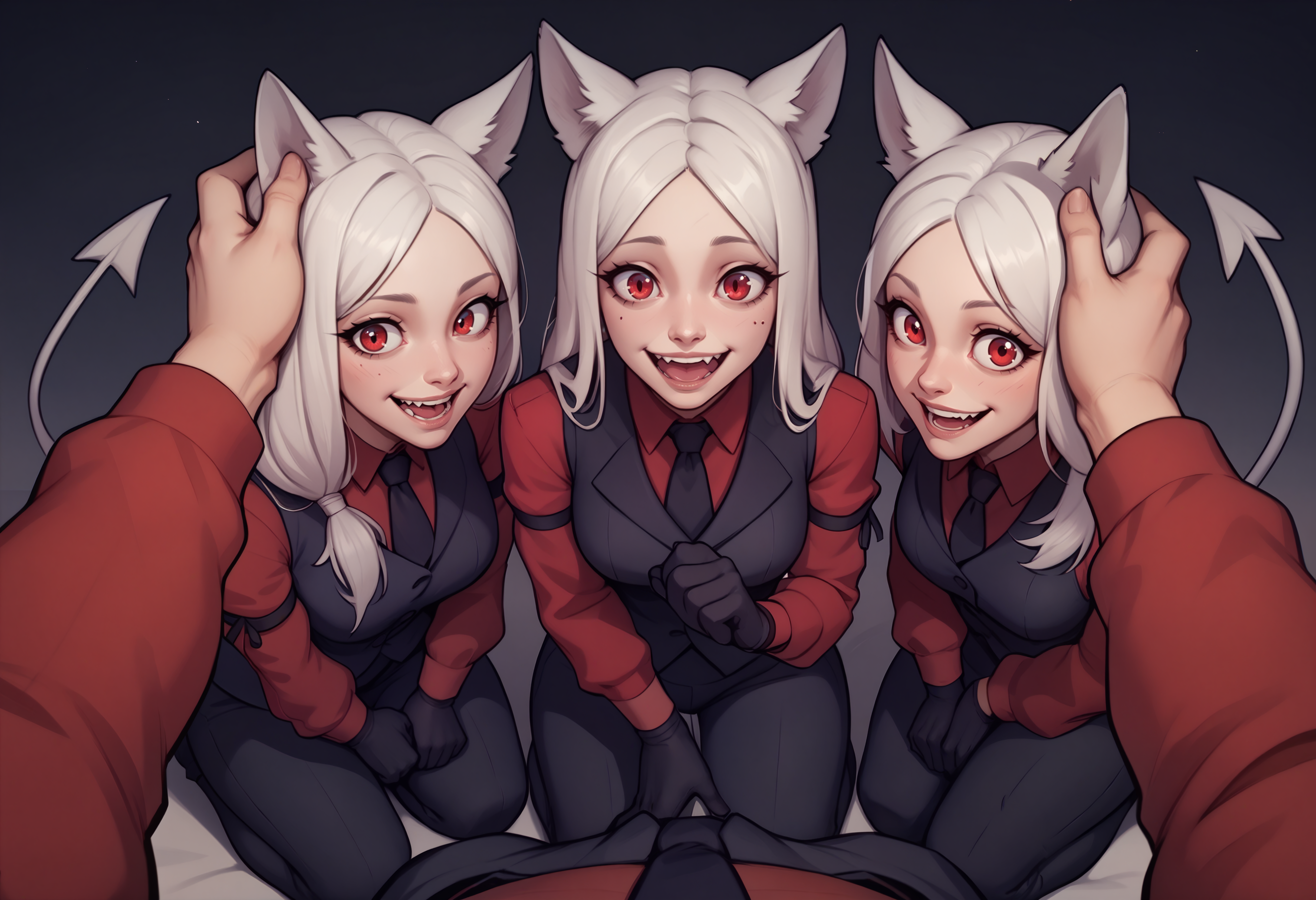 score_9, score_8_up, score_7_up, score_6_up BREAK 3girls,kneeling,pov hands,headpat,htcerberus, low-tied long hair, animal ears, demon tail,red shirt, black necktie, long sleeves, arm garter, black gloves, black vest, waistcoat, black pants,excited,happy <lora:helltaker_cerberus_ponyXL:0.8>