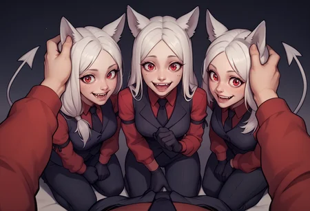 score_9, score_8_up, score_7_up, score_6_up BREAK 3girls,kneeling,pov hands,headpat,htcerberus, low-tied long hair, animal ears, demon tail,red shirt, black necktie, long sleeves, arm garter, black gloves, black vest, waistcoat, black pants,excited,happy <lora:helltaker_cerberus_ponyXL:0.8>