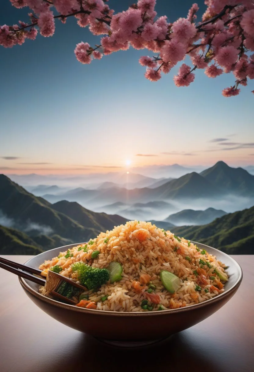 Ultra-wide photorealistic image,centered, photography, analog, | fried rice bowl dish, food photo, restaurant, table, japanese restaurant, | depth of field, bokeh, - 8k photorealistic masterpiece ,liquid tempera, calligraphy, acrylic: color watercolor, cinematic lighting, maximalist photo illustration: marton Bobzert: 8k concept art, extremely detailed, complex, elegant, vast, fantastical and psychedelic realism,