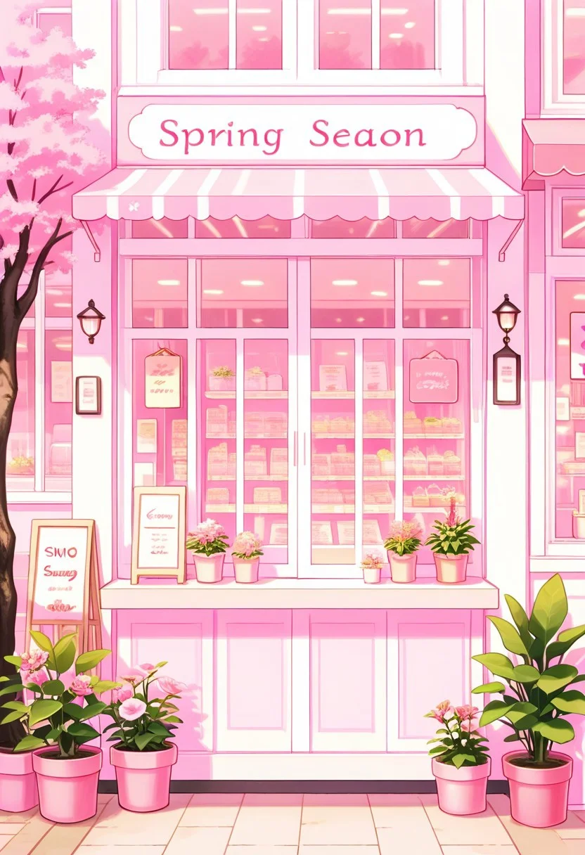 masterpiece, best quality, 32k, high resolution, absurdres,
pnkBldng, tree, no humans, window, plant, pink flower, sign, potted plant, pink theme, shop, spring (season), storefront, (さくら)
