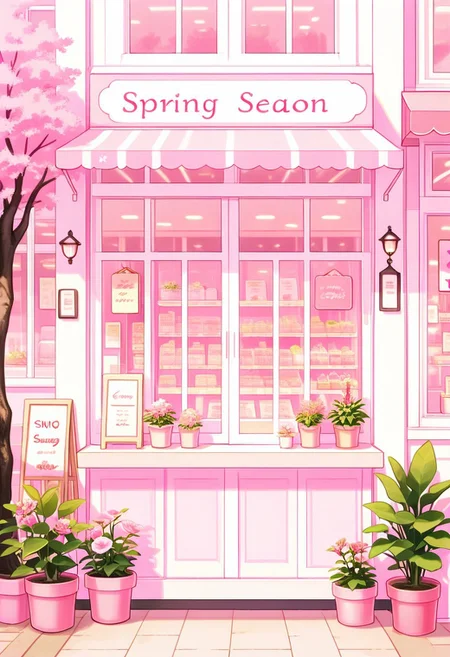 masterpiece, best quality, 32k, high resolution, absurdres,
pnkBldng, tree, no humans, window, plant, pink flower, sign, potted plant, pink theme, shop, spring (season), storefront, (さくら)