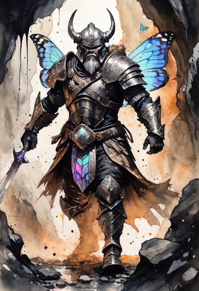 ink illustration, realistic, wide angle, dwarven warrior wearing iridescent butterfly armor, fierce, movie pose, deep cavern gorge, ink stains, ink splatters, ink runs, ink spots, faded ink, linquivera