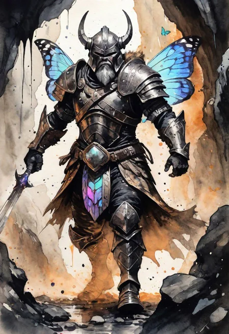 ink illustration, realistic, wide angle, dwarven warrior wearing iridescent butterfly armor, fierce, movie pose, deep cavern gorge, ink stains, ink splatters, ink runs, ink spots, faded ink, linquivera