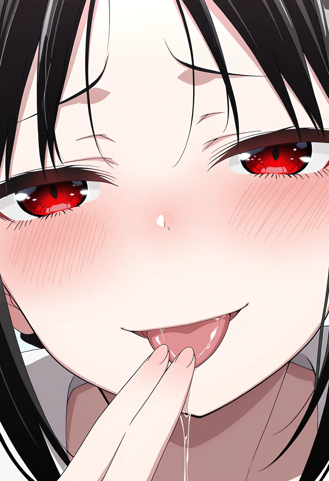 masterpiece, best quality, high resolution, source_anime, highly detailed illustration, detailed eyes,
very aesthetic, absurdres, newest, amazing quality,
1girl, solo, anime screencap, shinomiya kaguya, official art, 
shisedupose, fingers to lips, looking at viewer,  smile, blush, open mouth, tongue out, saliva trail, blush, seductive smile, 
<lora:shiSeduciveFingerV1ill:1>