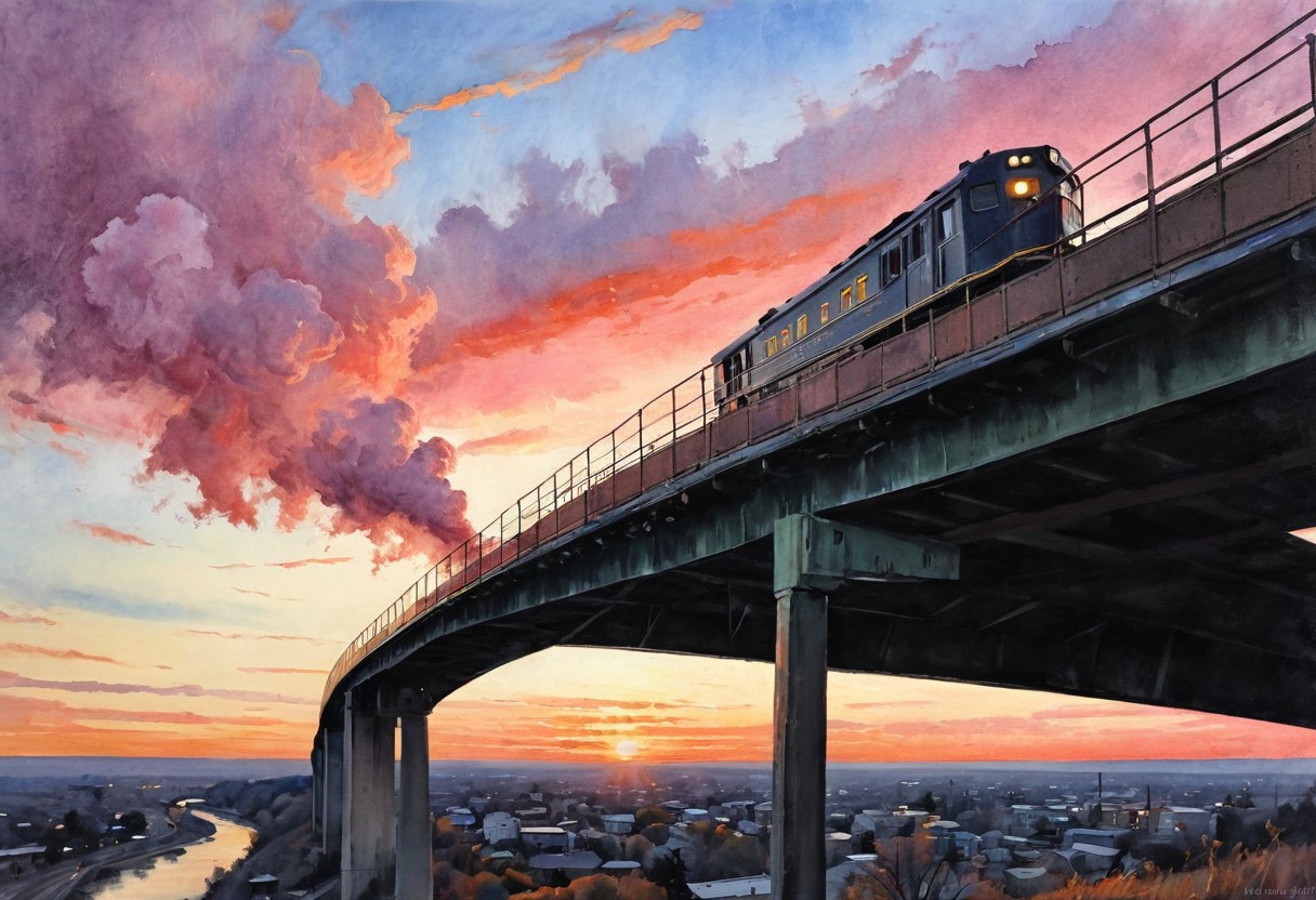 /poetic prompt:
Emily's favourite spot on the edge of the overpass,
a wash of liminal nostalgia,
medicine for the soul,
sunset tinged with rosy hues, 
the echoes of memory, 
tug gently at her watercolor_mood, 
filigreed smoke plumes from her cigarette,
the familiar rumble of the 9 o'clock express train, 
the rush of wind as it passes below her dangling feet,
life is good, 
interpretative, capturing the essence of bittersweet emotion, depicted as a painting,
