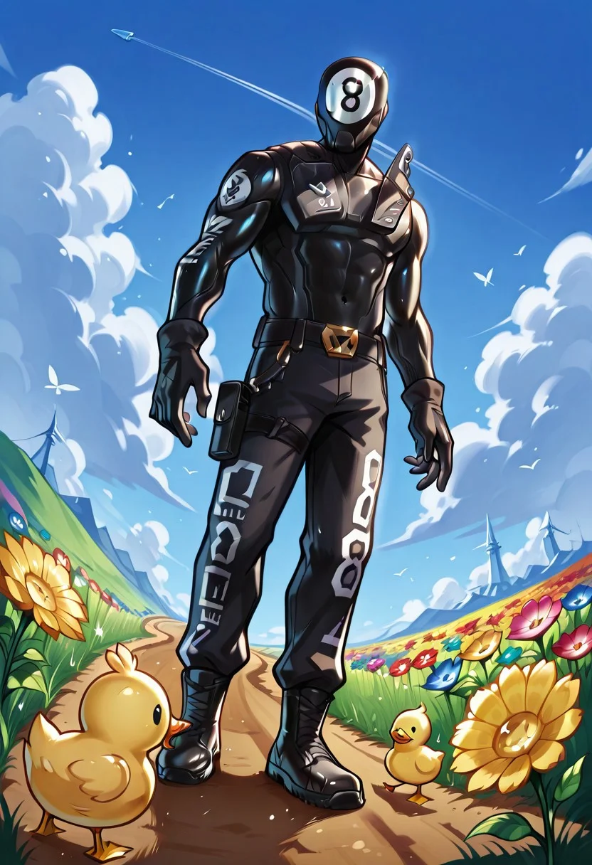 <lora:8ball:1.0>, 8ball, Fortnite, male, (black body, black skin, black gloves), (((Mask with number 8 written on it, written eight))), (5 fingers), fully clothed, (((all character black body))),
on the side of the dirt road is Duck and her little ducklings, butterflies flutter over colorful flowers, birds soar up in the deep blue sky among the soft fluffy clouds, A commercial airplane flies high with a trail of a short contrail