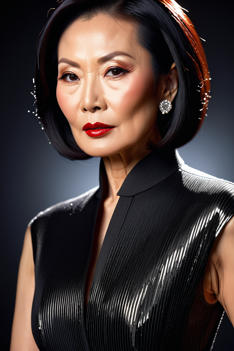 matgodll a confident 50 year old Chinese woman, Extreme close-up portrait of a glamorous 50-year-old woman, face filling the frame, smoldering expression with seductive eye contact, full lips accentuated by deep red lipstick, bold glamorous makeup with dramatic eyeshadow and heavy eyeliner, smooth mature skin with subtle beauty marks and fine lines visible, stylish long bob haircut cut framing her face, dark black hair with a few streaks of grey visable, elegant diamond earrings, soft diffused studio lighting highlighting cheekbones and contours, professional studio backdrop with smooth gradient tones, ultra-sharp detail in eyes and lips, high-end fashion photography, beauty editorial style, medium format camera, shallow depth of field with soft bokeh, rich color grading, cinematic portrait lighting