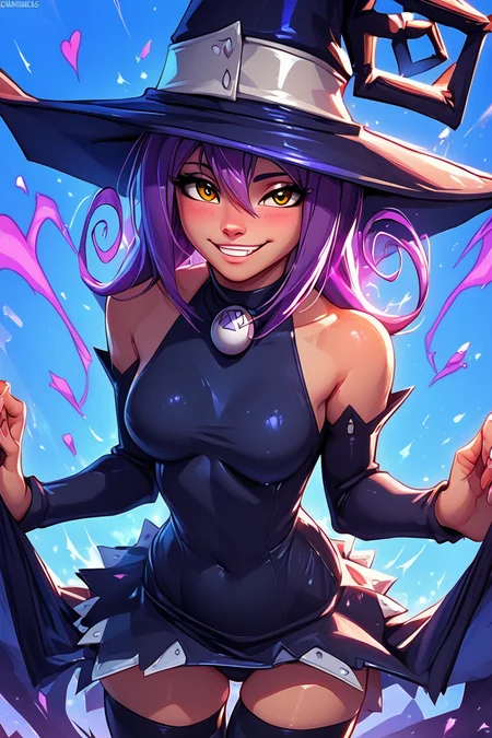 score_9, score_8_up, score_8, medium breasts, (curvy), cute, eyelashes, BREAK, , zzBlair, 1girl, solo, yellow eyes, purple hair, witch hat, witch, detached sleeves, black short dress, thighhighs, <lora:Blair_SoulEater_PDXL_v1:1.0>, , BREAK, embedding:zPDXL, Expressiveh, ,,, <lora:EnergyCAT:1.0>, solo, smile, looking at viewer, aura, blue sky, ,,, <lora:SDXLFaeTastic2400:0.5>, <lora:Expressive_H-000001:0.4>,