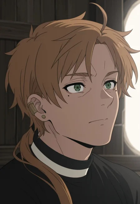 Paul Greyrat, green eyes, ear piercing, mole, , bangs
masterpiece,best quality,amazing quality,