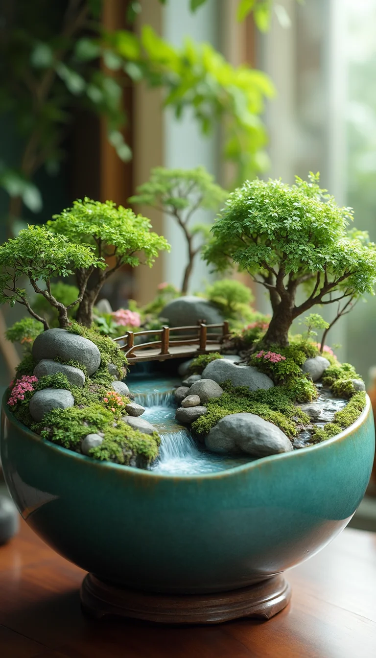 This is a professional photograph of a meticulously crafted miniature garden scene inside a large, round, teal ceramic bowl. The bowl is placed on a rustic wooden stand, which adds a natural, earthy texture. The garden features lush, green plants and small trees with delicate, leafy branches that create a serene, natural landscape. Two small, intricately designed wooden bridges span a narrow, winding stream that runs through the center of the bowl, adding a touch of whimsy and depth. The stream's water is a clear, blue-green, and its surface is gently rippling, indicating a small, continuous flow.
Surrounding the stream are smooth, gray rocks, some with moss, and tiny, pink flowers adding vibrant color and texture. The background of the bowl includes a mix of larger rocks and more plants, enhancing the depth and realism of the miniature environment. The setting is illuminated by soft, natural light, likely from a nearby window, which creates a warm, inviting atmosphere. The overall style is a blend of realism and fantasy, with a focus on detail and natural elements, making the scene both captivating and tranquil.