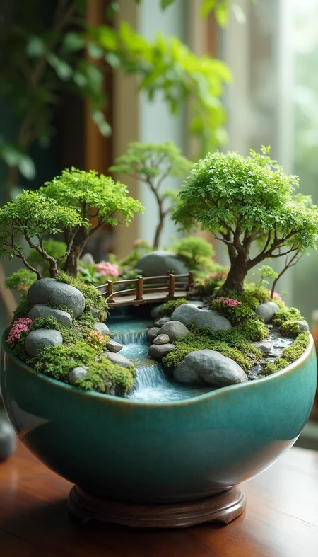 This is a professional photograph of a meticulously crafted miniature garden scene inside a large, round, teal ceramic bowl. The bowl is placed on a rustic wooden stand, which adds a natural, earthy texture. The garden features lush, green plants and small trees with delicate, leafy branches that create a serene, natural landscape. Two small, intricately designed wooden bridges span a narrow, winding stream that runs through the center of the bowl, adding a touch of whimsy and depth. The stream's water is a clear, blue-green, and its surface is gently rippling, indicating a small, continuous flow.
Surrounding the stream are smooth, gray rocks, some with moss, and tiny, pink flowers adding vibrant color and texture. The background of the bowl includes a mix of larger rocks and more plants, enhancing the depth and realism of the miniature environment. The setting is illuminated by soft, natural light, likely from a nearby window, which creates a warm, inviting atmosphere. The overall style is a blend of realism and fantasy, with a focus on detail and natural elements, making the scene both captivating and tranquil.