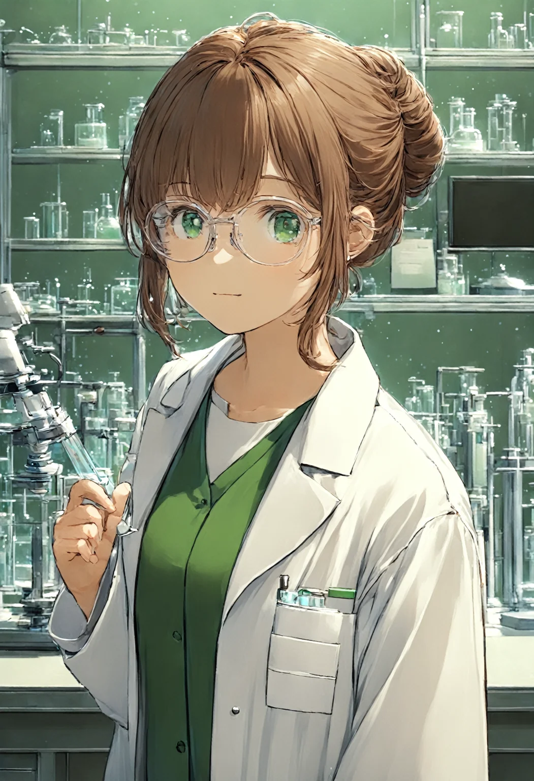 masterpiece, best quality, 4k, 8k, 1girl, (small breasts:1.2), brown hair, hair bun, green eyes, upper body, laboratory, (lab coat:1.3-5), scientist, glasses, <lora:naughty_to_nice_XL_v1.0:-5>