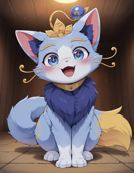 <lora:Yuumi_League_of_Legends_-_Illustrious:1> yuumi-default, antennae orb, female cat, feral female, quadruped, fluffy tail, solo, happy, looking at viewer, newest, perfect quality, absolutely eye-catching, digital drawing \(artwork\), by dagasi, <lora:Dagasi_Noob_V_Test5:0.66> dagasistyle