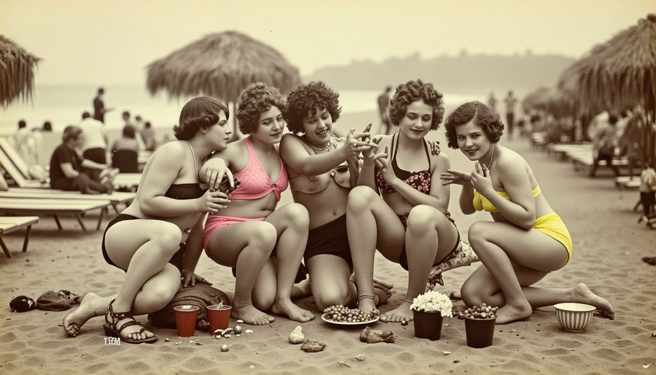 V1nt4g3 . This is a black and white photograph from the late 19th or early 20th century featuring A beach scene featuring five young women with huge breast  joyfully taking a selfie together, showcasing their playful spirit. They are dressed in colorful bikinis, with two in black and pink patterns and one wearing a bright yellow bikini. The background is filled with sun loungers and soft sandy beach, indicating a warm sunny day. Each woman strikes a fun pose, with peace signs and bright smiles, capturing the essence of friendship and carefree summer moments. Some drinks and snacks are placed on the ground beside them, adding to the laid-back beach atmosphere. The lighting is warm and golden, enhancing the cheerful mood of the scene.