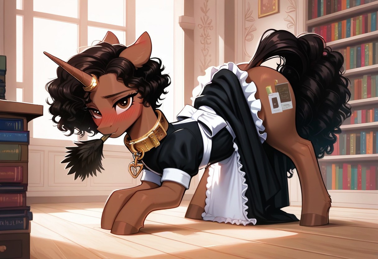 score_9, score_8_up, score_7_up, score_6_up, score_5_up, g4, pony from my little pony friendship is magic, big flanks, anatomically correct, unicorn, unicorn horn, feminine, twink, femboy, trap, feminine male, girly boy, male, chocolate brown body,chocolate brown fur, jet black mane and tail, short mane, female manestyle, short hair, curly hair, unkept hair, Hispanic hair, Hispanic, unicorn, long horn, slender, thin, femme, brown eyes, meek, timid, shy, blushing, feral, eartip blush, embarrased, meek, solo, feather duster, duster in mouth, dusting, cleaning, feather duster in mouth, facing away from viewer, looking at viewer from the corner of his eye, younger, petite, curly hair, unkept hair, Hispanic hair, short hair, mare's manestyle, female manestyle,
Indoors, mansion, library, dusty ,cobwebs, inside, manor,
Japanese maid attire, long skirt, proper maid, maid suit, iron collar, metal collar, horn ring,  slave, enslaved, dubious consent, kidnapped, solo, feral, bent over, bending over, ass up, face down, hispanic, hispanic haircut