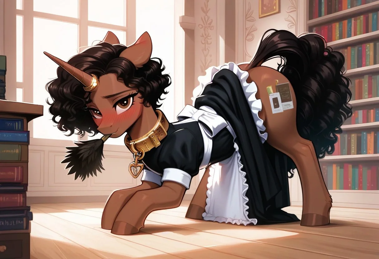 score_9, score_8_up, score_7_up, score_6_up, score_5_up, g4, pony from my little pony friendship is magic, big flanks, anatomically correct, unicorn, unicorn horn, feminine, twink, femboy, trap, feminine male, girly boy, male, chocolate brown body,chocolate brown fur, jet black mane and tail, short mane, female manestyle, short hair, curly hair, unkept hair, Hispanic hair, Hispanic, unicorn, long horn, slender, thin, femme, brown eyes, meek, timid, shy, blushing, feral, eartip blush, embarrased, meek, solo, feather duster, duster in mouth, dusting, cleaning, feather duster in mouth, facing away from viewer, looking at viewer from the corner of his eye, younger, petite, curly hair, unkept hair, Hispanic hair, short hair, mare's manestyle, female manestyle,
Indoors, mansion, library, dusty ,cobwebs, inside, manor,
Japanese maid attire, long skirt, proper maid, maid suit, iron collar, metal collar, horn ring, slave, enslaved, dubious consent, kidnapped, solo, feral, bent over, bending over, ass up, face down, hispanic, hispanic haircut
