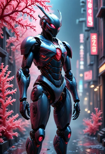masterpiece, one-person solo, Dark-Fantasy-page Jed-rbt, robot made-out-of-coral, (dark:1.1) outdoors street (shadows) (dark-atmosphere) ominous eerie