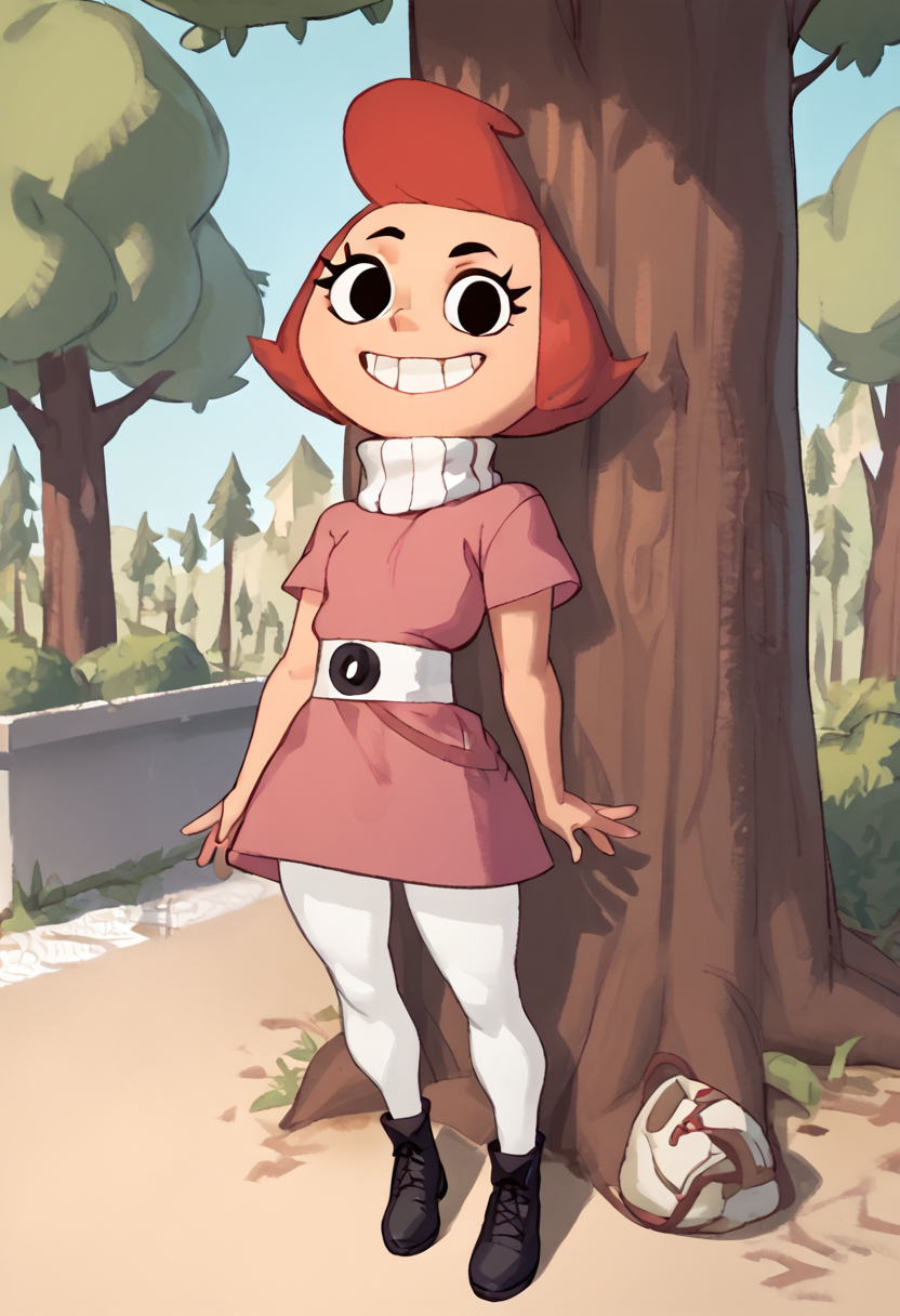 <lora:PteresaPony1.0:0.7>pteresa, pink dress, red hair, short hair, solo, 1girl, black eyes, white belt, white pantyhose, black footwear,, looking at viewer, score_9, score_8_up, score_7_up, score_6_up, score_5_up, score_4_up, grin, outdoors, tree,    <lora:RizdrawsXL:1>