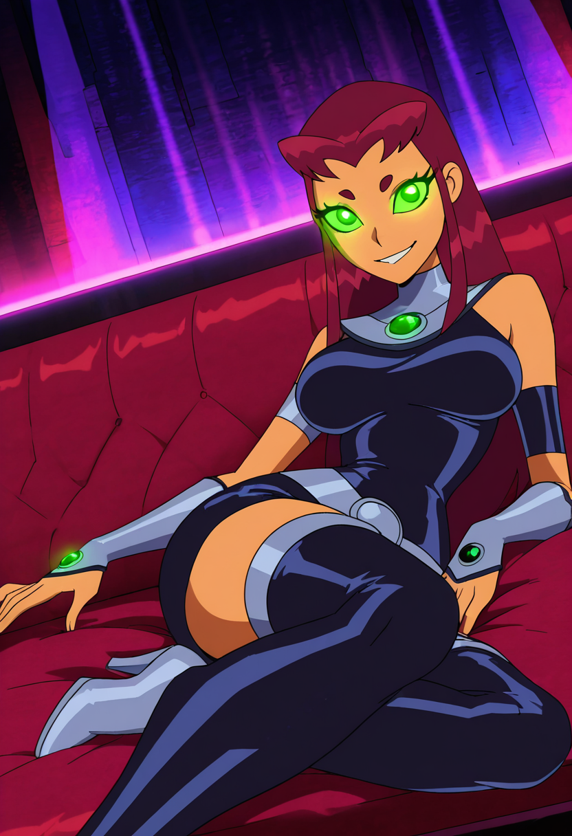 masterpiece, best quality, solo, curvy, beautiful eyes,  narrow waist, wide hips,  strfr, green eyes, red hair, long hair, colored sclera, green sclera, smile, looking at viewer,   ,       <lora:StarfireTT_IXL:1.0>,   dynamic angle, foreshortening, close up, [Midnight Demon Club], Black latex dress, silver heels, glowing tattoos, spiked choker, Reclining in a velvet nightclub lounge under pulsing lights, exuding dark glamour and mystery.