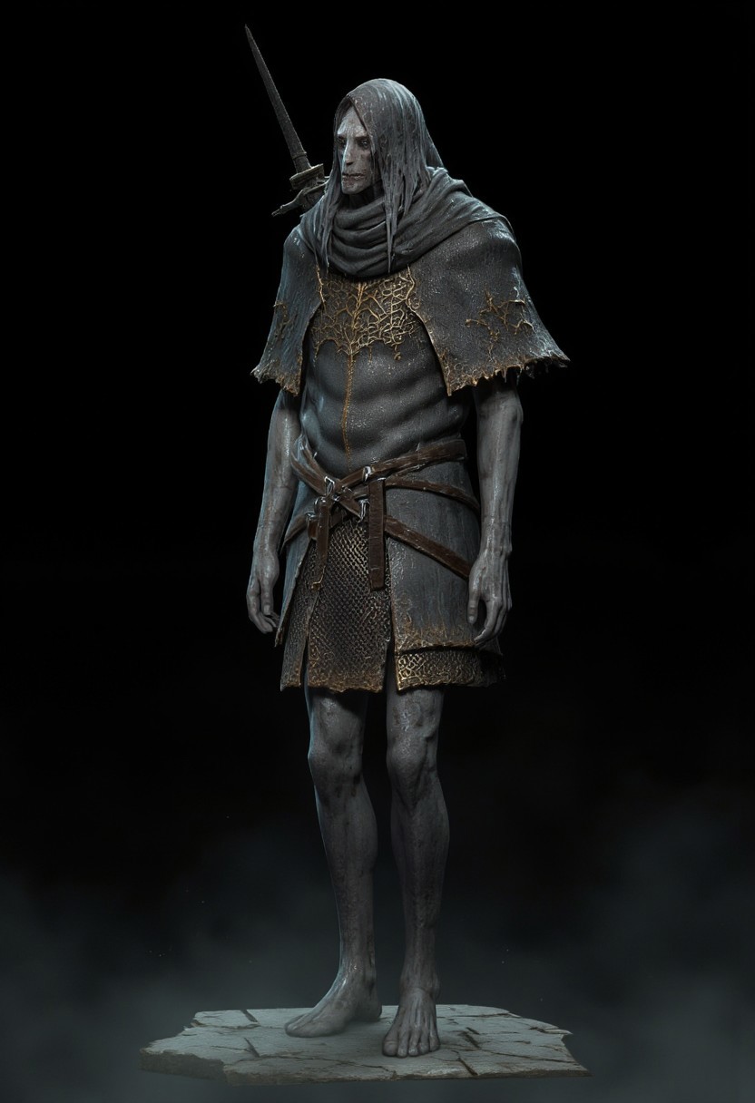 malformed hobo Miner monkeyman  in a roman soldier armor mixed with legionnaire attire
Standing on a flat ground
Set against a solid dark black color background to emphasize its unsettling unnatural form that emphasizes its silhouette. The medium is not a traditional painting or illustrative medium like watercolor or ink but rather a digital 3D rendering.
MikeFranchinastyle, bbstyle,, horror theme,, ZBClay model of a gray sculpture, zbrush, d4arks0uls, overcast lighting