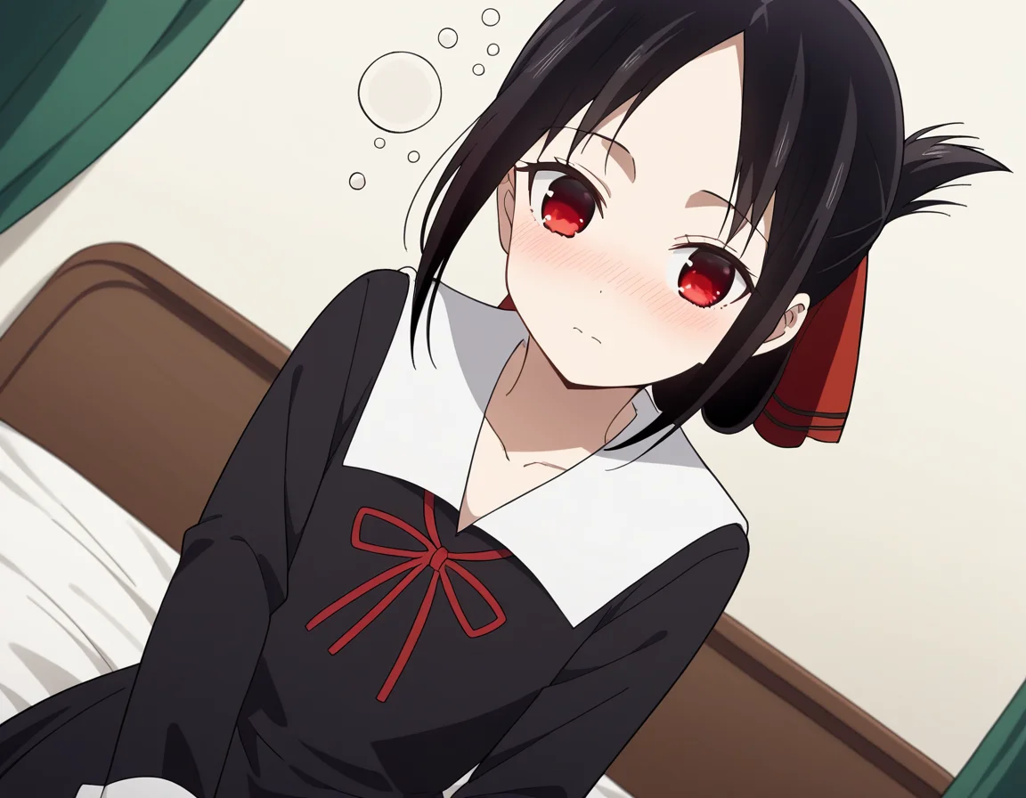 score_9, score_8_up, score_7_up, source_anime,
kaguyashinomiya, <lora:kaguya-shinomiya-s3-ponyxl-lora-nochekaiser:1>,
kaguya shinomiya, short hair, bangs, black hair, red eyes, hair ribbon, sidelocks, folded ponytail, parted bangs,
long sleeves, dress, ribbon, school uniform, collarbone, black dress, sailor collar, white sailor collar, red ribbon, neck ribbon, shuuchiin academy school uniform,
indoors, bed, bed room, on side, blush, drunk,
looking at viewer, cowboy shot, dutch angle, solo,