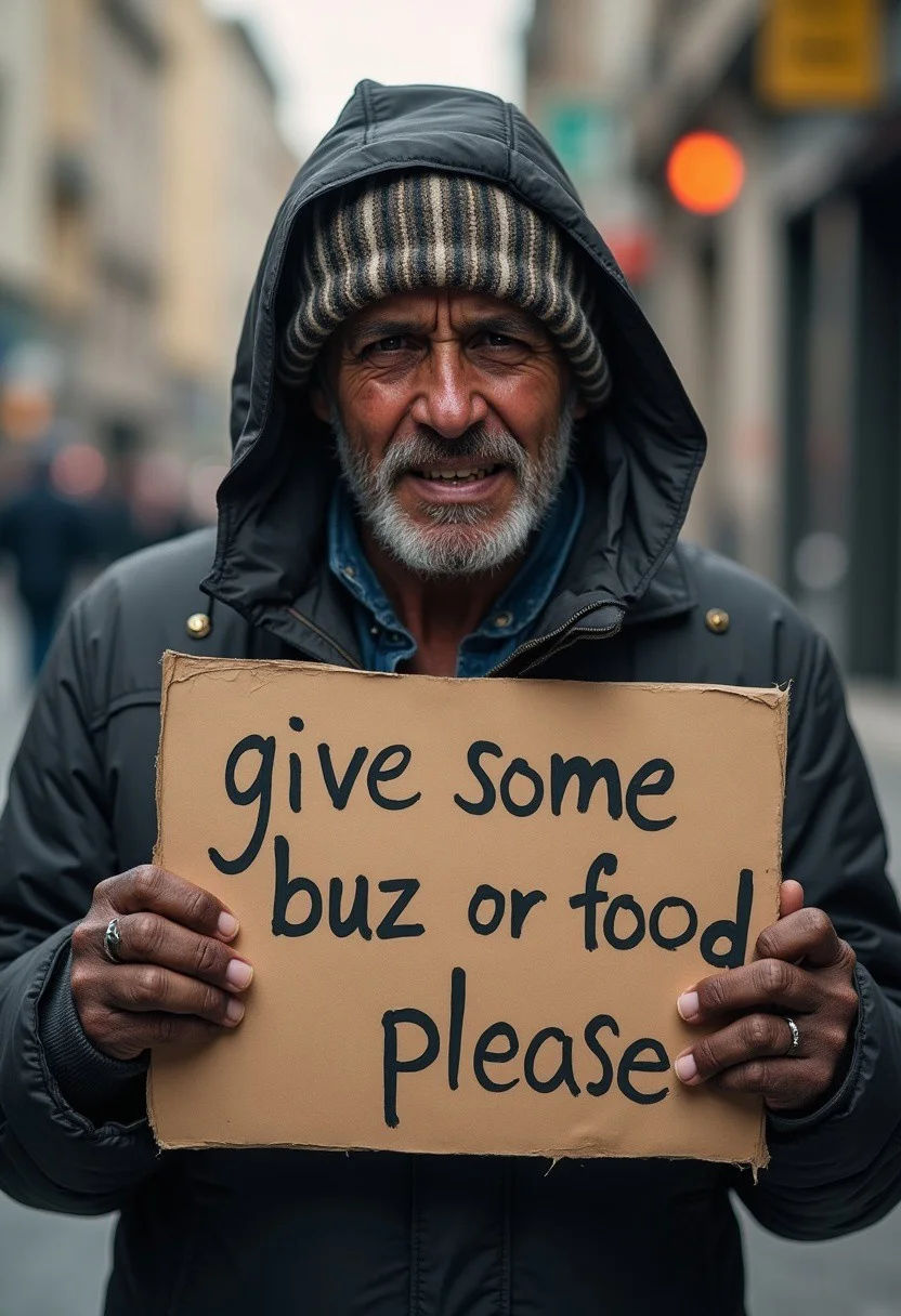 beggar crying with tears, holding a sign "give some buzz or food please"